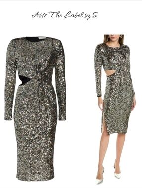 ASTR the Label Sylvina Sequin Cutout Midi Dress Black Rainbow Sz S